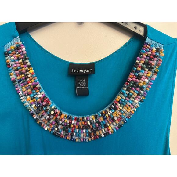 Lane Bryant Teal Beaded Neck Sleeveless Tiered Dress Size 14/16 - Picture 4 of 6